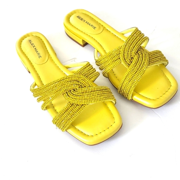 Alex Marie Freesia Twist Yellow/Green Rhinestone Square Toe Flat Sandals Size 6 - Picture 7 of 7